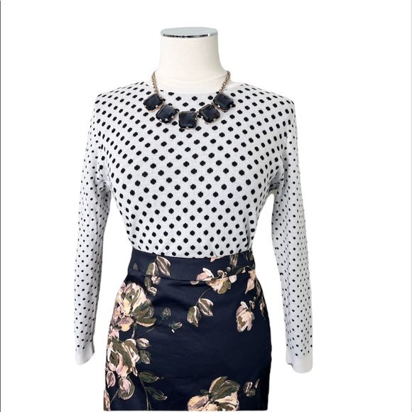 LOFT Polka Dot 3/4 Sleeve Crewneck Cotton Sweatshirt Exposed Zip Navy White Sz S - Picture 1 of 10